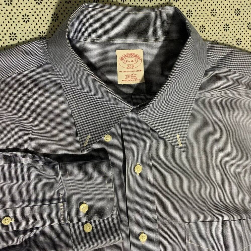 Brooks Brothers 346 Dress Shirt 17.5 4/5 Non-Iron Cotton Blue Houndstooth